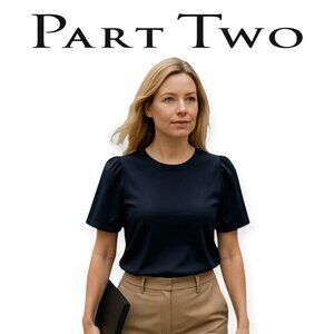 Part Two Navy Gathered Sleeve T-Shirt Organic Cotton Small Scoop Neck Puff Top